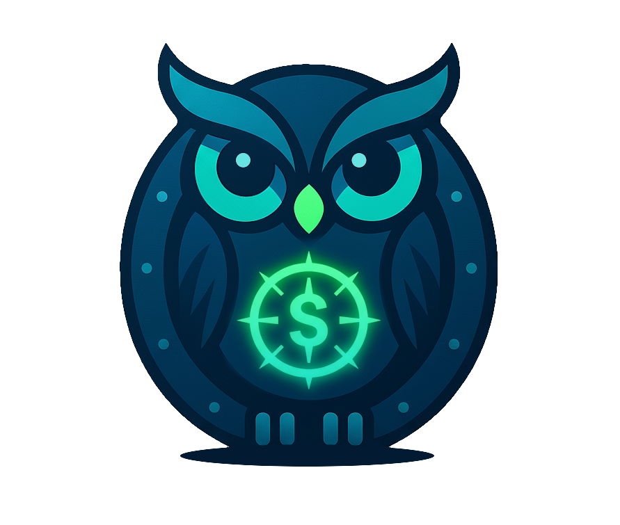 SavePoint owl illustration with compass-dollar emblem